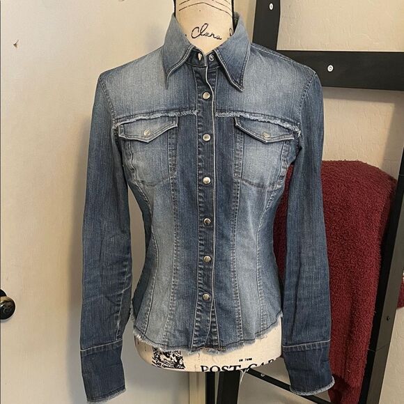 Y2K Vintage Bebe Denim Distressed Snap Button-Up Shirt Western Bohemian - Picture 1 of 12